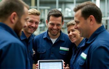 Factory workers reading newsletter on tablet